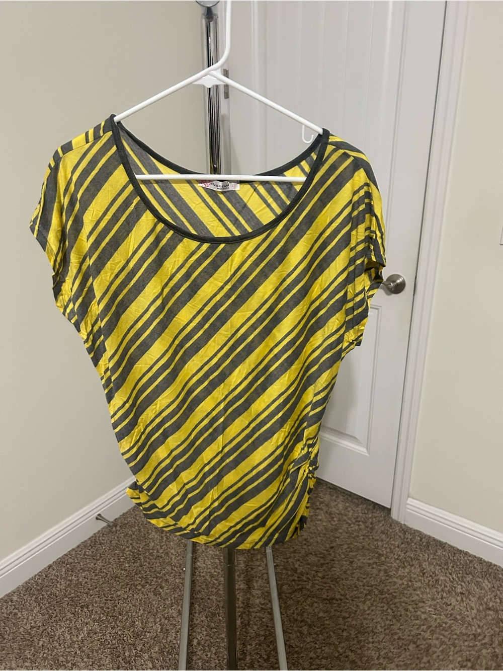 Chris & Carol Yellow and Gray Diagonal Stripe Short Sleeve Top